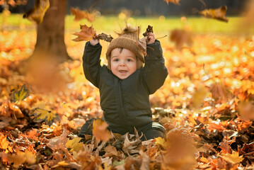 baby boy having fun on Autumn Forest