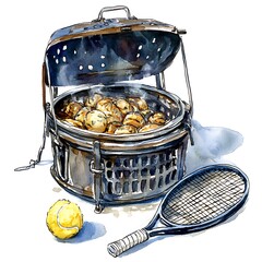 Sticker - Watercolor Illustration of a Tennis Racquet, a Ball, and a Grill With Steaming Tennis Balls Inside.