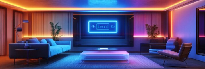 Wall Mural - This modern living room showcases customizable ambient smart lighting and touch panels, creating a warm and inviting atmosphere. Generative AI