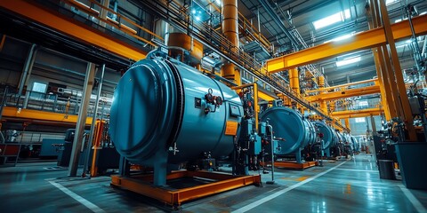 Poster - Industrial factory interior with large metal tanks and yellow support beams.