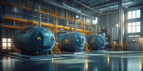 Poster - Industrial interior with large metal tanks in a factory setting.