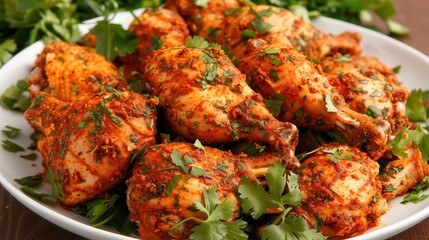 Wall Mural - Halal food ingredients cooking. A vibrant platter of spiced, roasted chicken drumsticks garnished with fresh herbs, perfect for a tasty and flavorful meal.