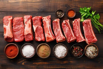 Wall Mural - Halal food ingredients cooking. A vibrant display of fresh meat cuts alongside an array of spices and herbs, perfect for a delicious culinary experience.