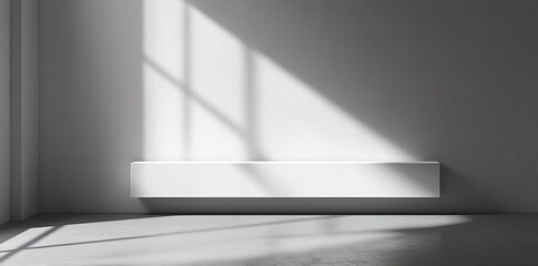 Poster - Minimalist white room with a window casting light on a ledge.