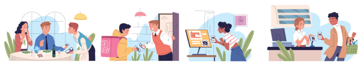 People scan qr code. Person using scanner mobile app in phone for pay purchase delivery shop cafe or restaurant client smartphone pos payment transaction classy vector illustration