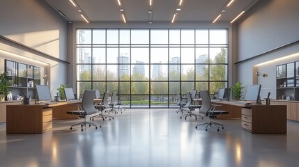 Poster - Modern office interior with large windows overlooking a city skyline.