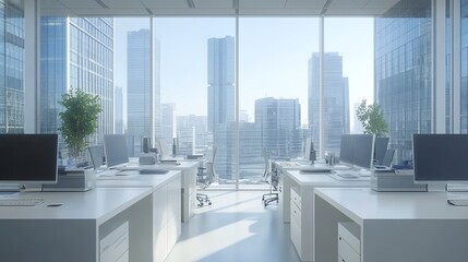 Aufkleber - Modern office space with large windows overlooking a city skyline.
