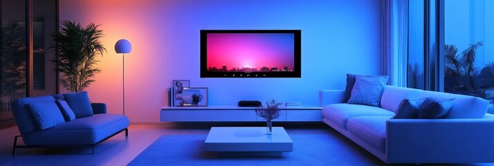 Poster - A stylish living room is illuminated by customizable smart lighting, creating a warm and inviting atmosphere in the evening. Generative AI