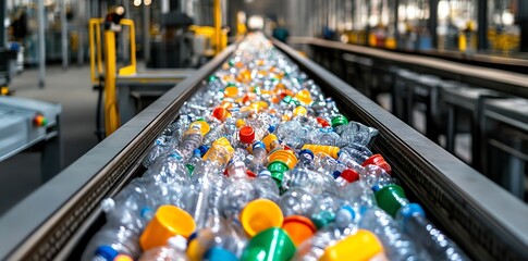 Poster - Plastic bottles moving on a conveyor belt in a recycling factory.