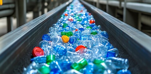 Aufkleber - Plastic bottles on a conveyor belt in a recycling plant.
