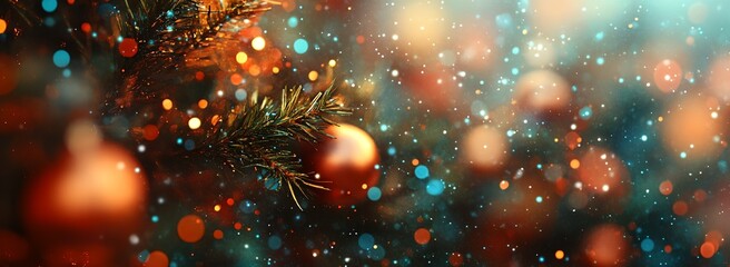 Poster - A Christmas tree with a bunch of ornaments on it. The ornaments are of different sizes and colors, and they are scattered all over the tree. The tree is surrounded by a blurry background