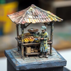 detailed miniature of a market stall with a vendor and fruits, white isolate background.