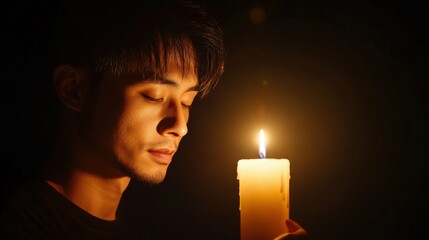 Asian man lighting a candle, peaceful expression, warm studio lighting, plain background with gentle shadows
