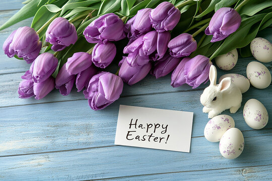 Easter card with purple tulips, cute bunnies, and eggs on a pastel blue wooden background, text Happy Easter