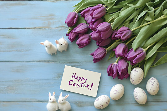 Easter card with purple tulips, cute bunnies, and eggs on a pastel blue wooden background, text Happy Easter