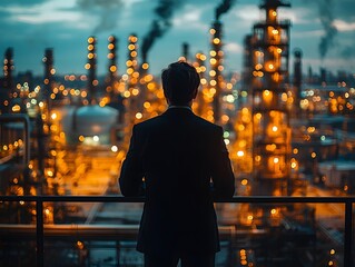 Poster - Professional Businessman Observing Industrial Cityscape at Dusk with Smoke and Lights from Oil Refinery in the Background for Corporate Concept