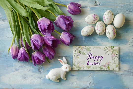 Easter card with purple tulips, cute bunnies, and eggs on a pastel blue wooden background, text Happy Easter