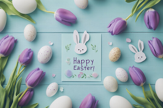 Easter card with purple tulips, cute bunnies, and eggs on a pastel blue wooden background, text Happy Easter