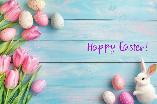 Easter card with purple tulips, cute bunnies, and eggs on a pastel blue wooden background, text Happy Easter