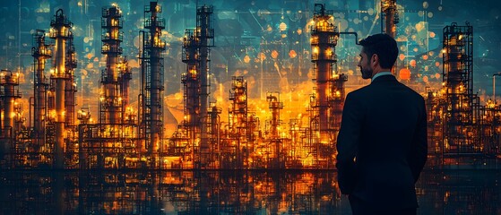 Poster - Business Professional Observing an Industrial Landscape at Sunset with Illuminated Structures and Digital Elements Representing Innovation and Technology Progress