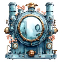 Sticker - Watercolor illustration of an old steam engine with delicate flowers.