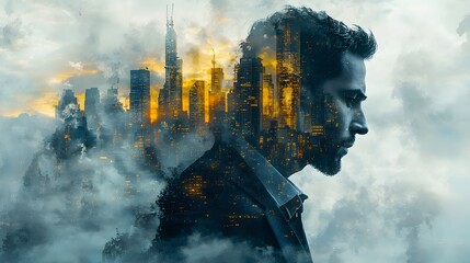 Aufkleber - Profile of a Man Silhouetted Against a Dramatic Cityscape, Merging Human Emotions with Urban Life Amidst Clouds and Light-Infused Buildings