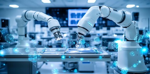 Leinwandbilder - Two robotic arms with futuristic, glowing blue particles moving in a factory environment.