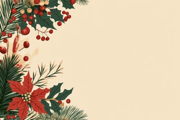 elegant vintage Christmas banner design in a red green  palette, with classic holiday illustrations, beige minimal background with copy space 