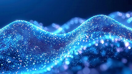 Poster - Glowing Particle Waves, An abstract digital landscape depicting flowing waves of particles and dots in vibrant blue, symbolizing big data and futuristic technology.
