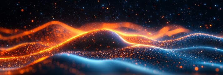 Poster - Abstract background with dark blue waves and glowing hexagons forming an interconnected network of lines