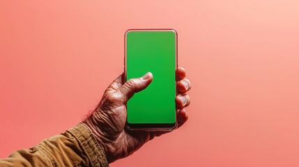 Poster - Close-up of a male hand sliding on a smartphone screen displaying a green background, set against a vibrant pink backdrop, emphasizing user interaction and modern technology.