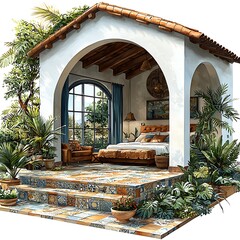 Sticker - Mediterranean Style Patio with Tropical Plants and a Cozy Bedroom Inside.