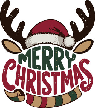 Merry christmas text with santa hat, vector