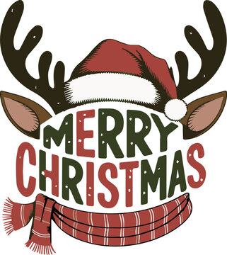 Merry christmas text with santa hat, vector