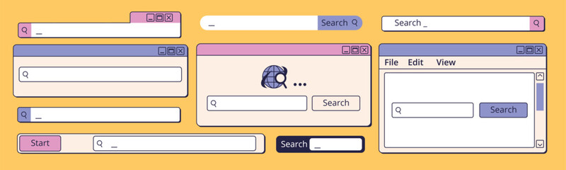 Fototapete - Retro search interface. Vintage browser internet searching bar ui, website engine web page technology click find window navigation or phone application, classy vector illustration