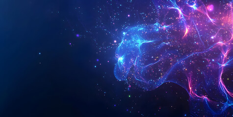 Poster - A digital abstract background with glowing blue and purple connections forms the shape of an AI brain on a dark gradient, ideal for tech presentations and social network banners.