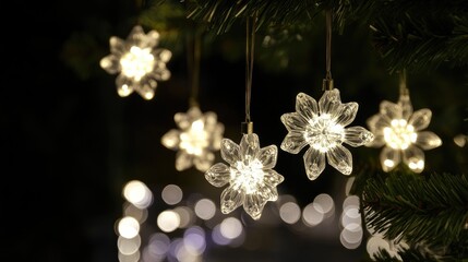 Poster - Sparkling crystal snowflake ornaments hanging gracefully against a soft bokeh background, creating a warm and festive ambiance for holiday celebrations.