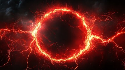Poster - A circular ring of blazing red lightning, with a black center, against a dark stormy backdrop.