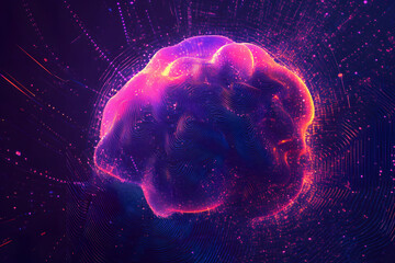 Poster - A digital abstract background with glowing blue and purple connections forms the shape of an AI brain on a dark gradient, ideal for tech presentations and social network banners.