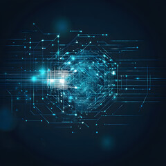 Poster - A digital abstract background with glowing blue and purple connections forms the shape of an AI brain on a dark gradient, ideal for tech presentations and social network banners.