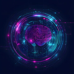 Poster - A digital abstract background with glowing blue and purple connections forms the shape of an AI brain on a dark gradient, ideal for tech presentations and social network banners.