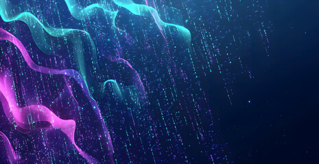 Poster - A digital abstract background with glowing blue and purple connections forms the shape of an AI brain on a dark gradient, ideal for tech presentations and social network banners.