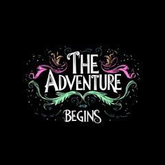 Poster - Logo, elegant style with text THE ADVENTURE BEGINS, soft lines and shapes, simple minimalistic style
