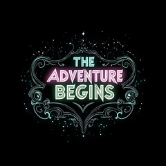 Poster - Logo, elegant style with text THE ADVENTURE BEGINS, soft lines and shapes, simple minimalistic style