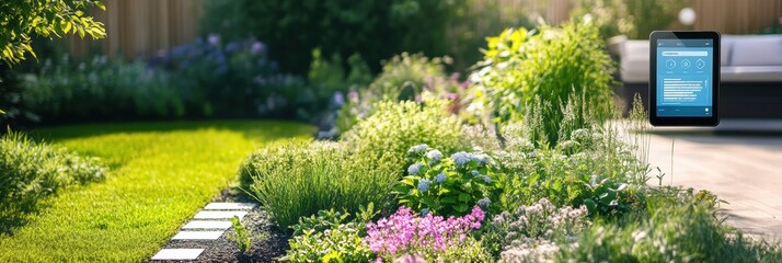 Poster - A vibrant garden features automated sprinklers and soil sensors, showcasing healthy plants and flowers flourishing under the sunlight. Generative AI
