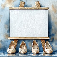 Sticker - Watercolor Painting of Four Beige Shoes and a Blank Canvas.