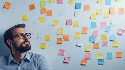 Poster - Thoughtful Man Staring at Colorful Post-it Notes on Wall, Reflecting on Ideas and Concepts, Wearing Glasses and Checkered Shirt in Modern Office Setting