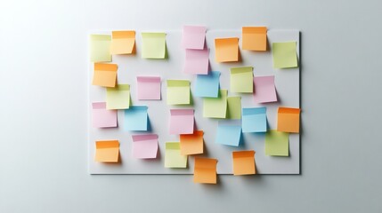 Poster - Colorful Sticky Notes Spread Across a Light Background, Perfect for Ideas, Reminders, and Organization in a Creative Office or Study Space Setting