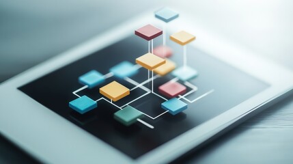 Poster - Digital Network Flowchart on Tablet Screen Representing Modern Data Management and Analysis in Business Environment with Soft Focus and Minimalistic Design