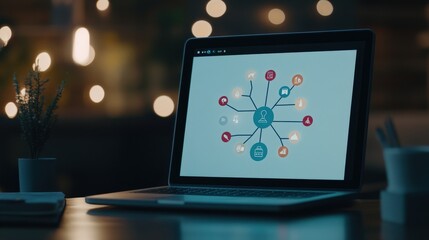 Poster - Modern Laptop Displaying Network Connection with Icons Representing Technology, Communication, and Business Ideas in a Cozy, Softly Lit Workspace